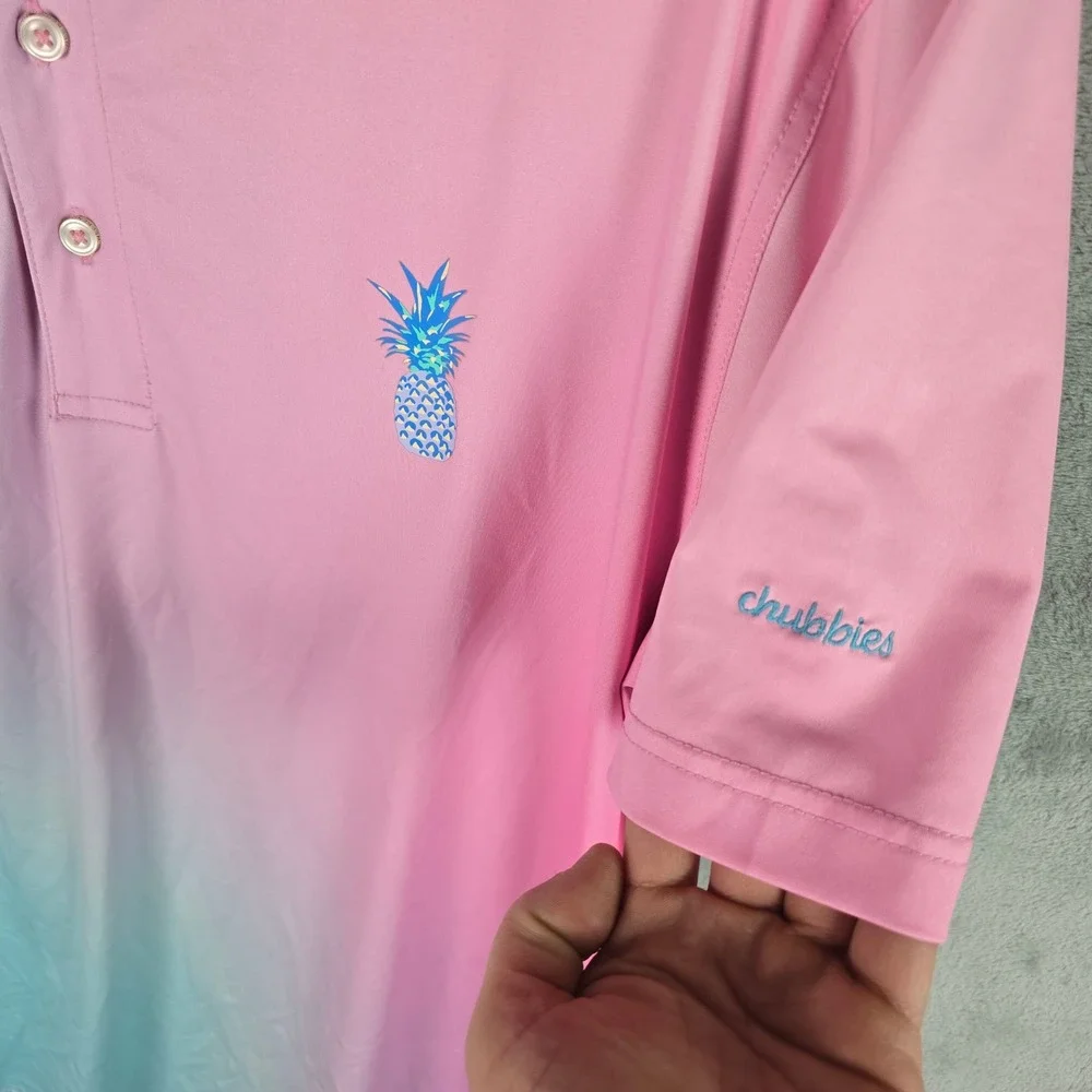 Chubbies Mens Large Pink Blue Ombre Pineapple Performance Polo Shirt SM23CA00106